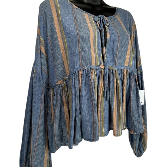 O’NEILL Rosie Top Sz L Navy Blue Striped Front Tie Balloon Sleeve Ruffle Viscose - Picture 3 of 10